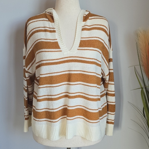 LOFT, New, Tan White Striped Hooded Lightweight Essential Sweater, Size Large - Picture 13 of 13